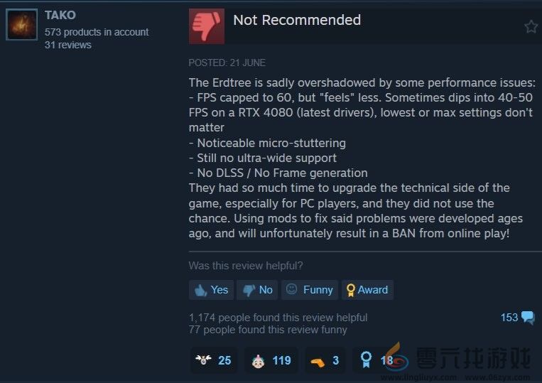 《艾尔登法环：黄金树幽影》Steam中文区多半差评 数值体验差、优化太烂(图5)